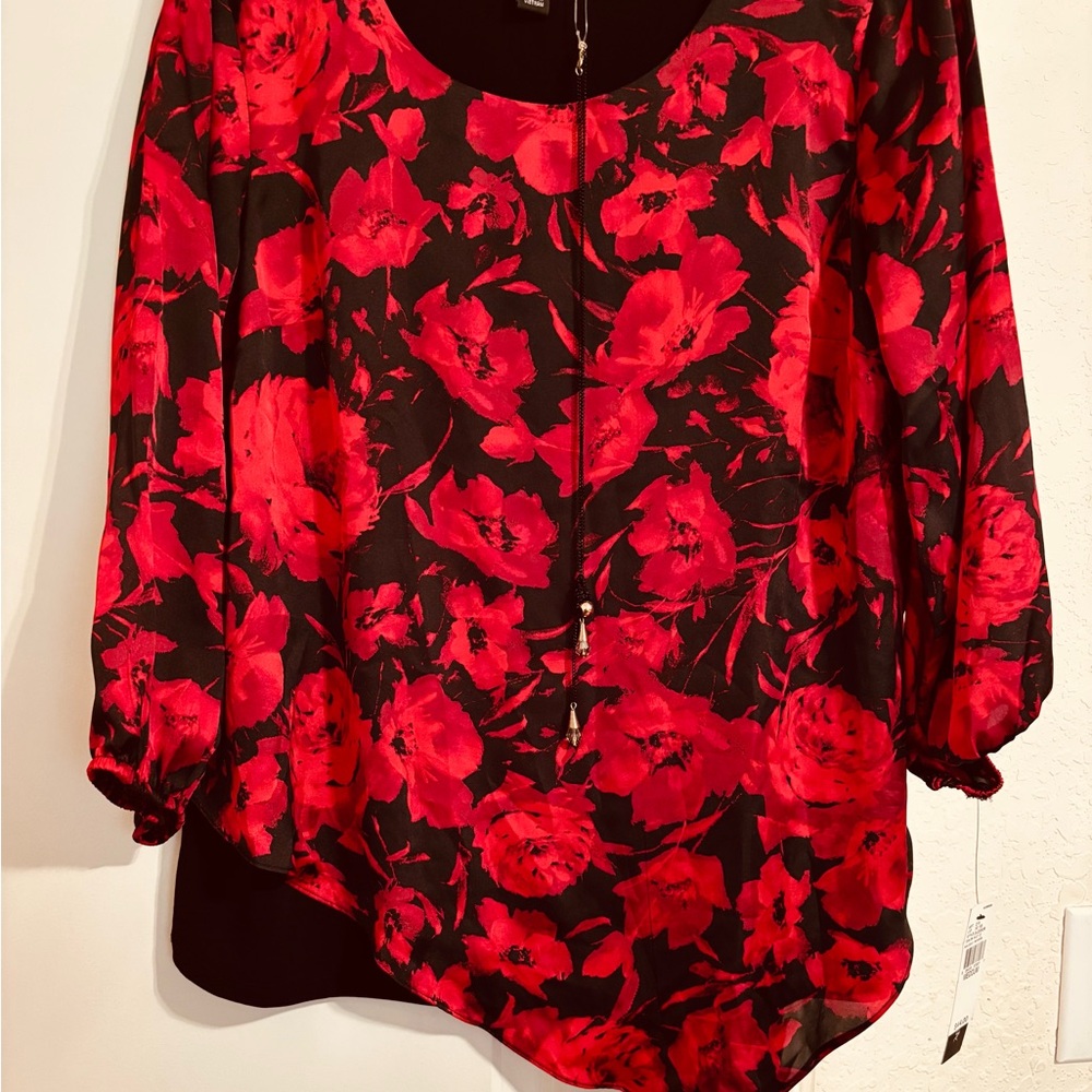 AB Studio Red Floral Blouse with Black Base